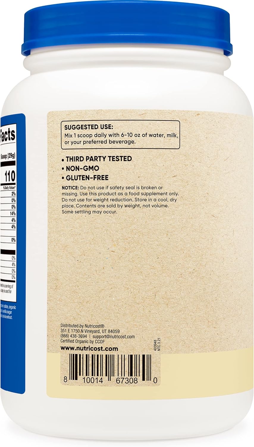 Certified USDA Organic Vanilla Vegan Meal Replacement Shake Powder - Nutricost Organic, Gluten Free Formula