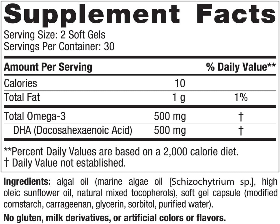 Certified Vegan Algae Oil Soft Gels - 500mg Omega-3 DHA for Brain, Eye & Nervous System Support - Non-GMO - 30 Servings