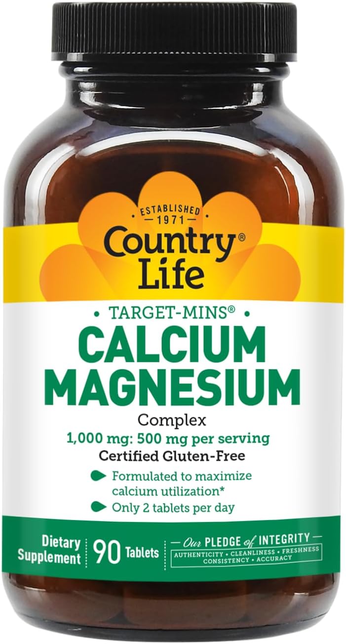 Certified Vegan Calcium Magnesium Complex 1000/500mg Tablets - Country Life Target-Mins, 90 Count, Gluten Free & Non-GMO