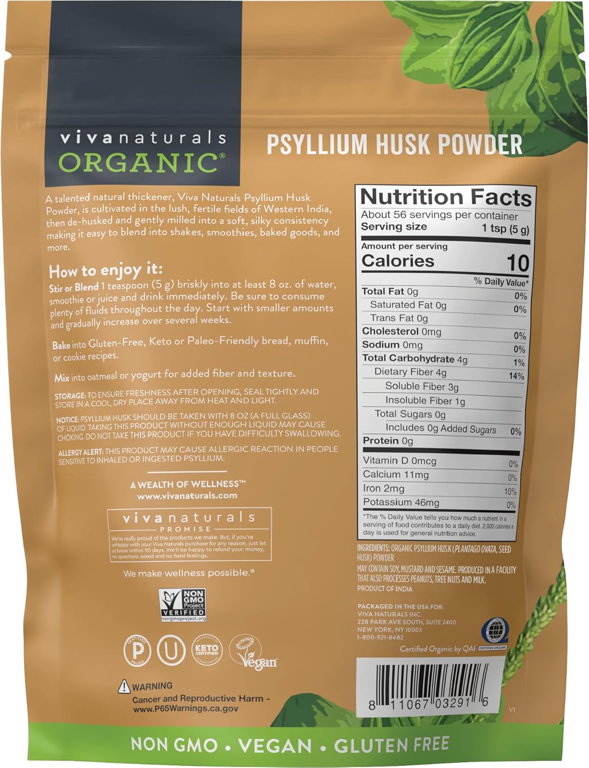 Certified Vegan Organic Psyllium Husk Powder - 10 oz Superfood for Gluten-Free Baking, Juices & Smoothies - Keto, Paleo Friendly