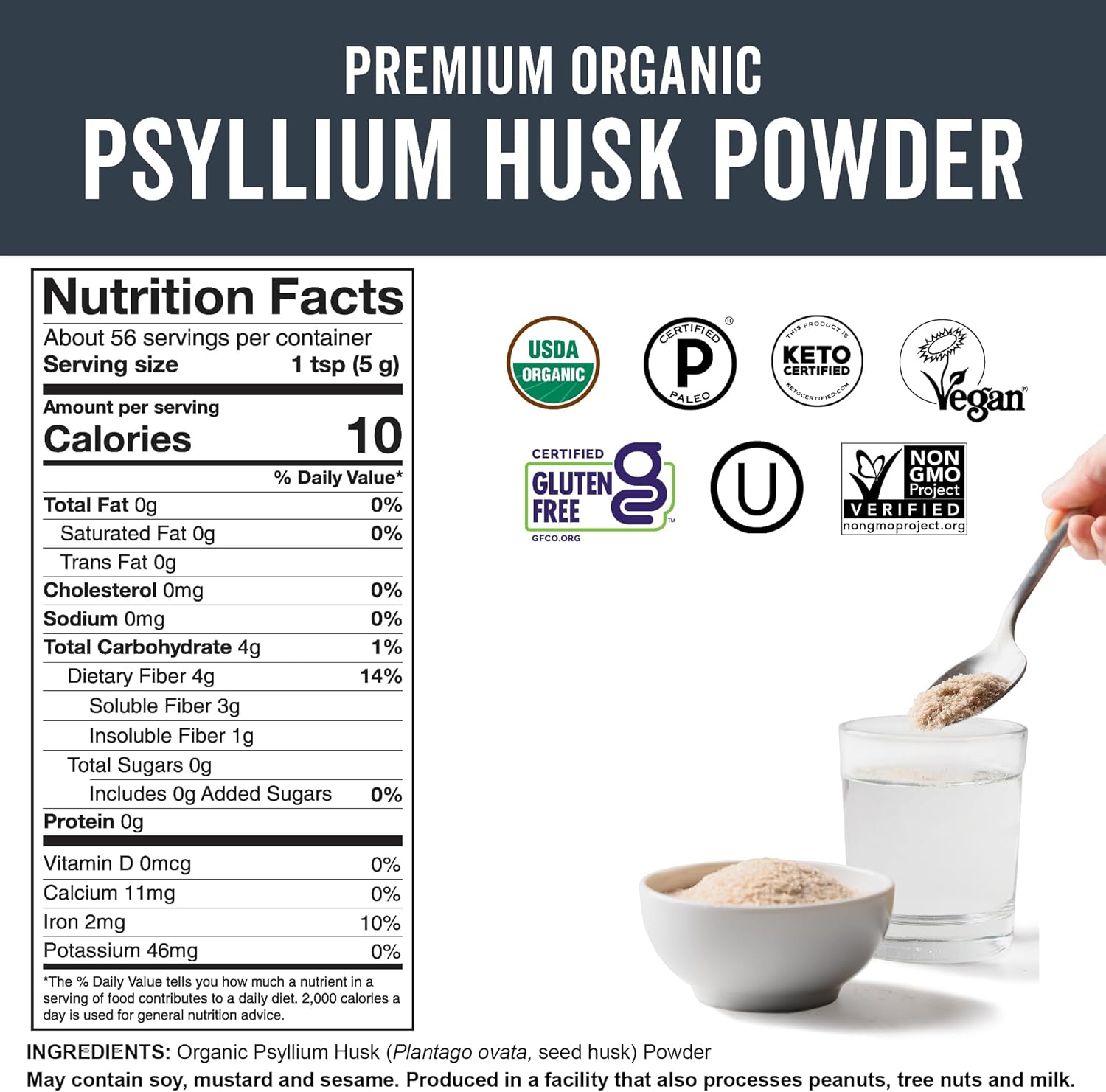Certified Vegan Organic Psyllium Husk Powder - 10 oz Superfood for Gluten-Free Baking, Juices & Smoothies - Keto, Paleo Friendly