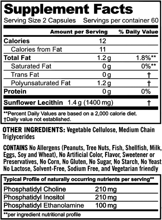 Certified Vegan Sunflower Lecithin Capsules - 120 Count - Rich in Phosphatidyl Choline - Cold Pressed - Non-GMO - All-Natural
