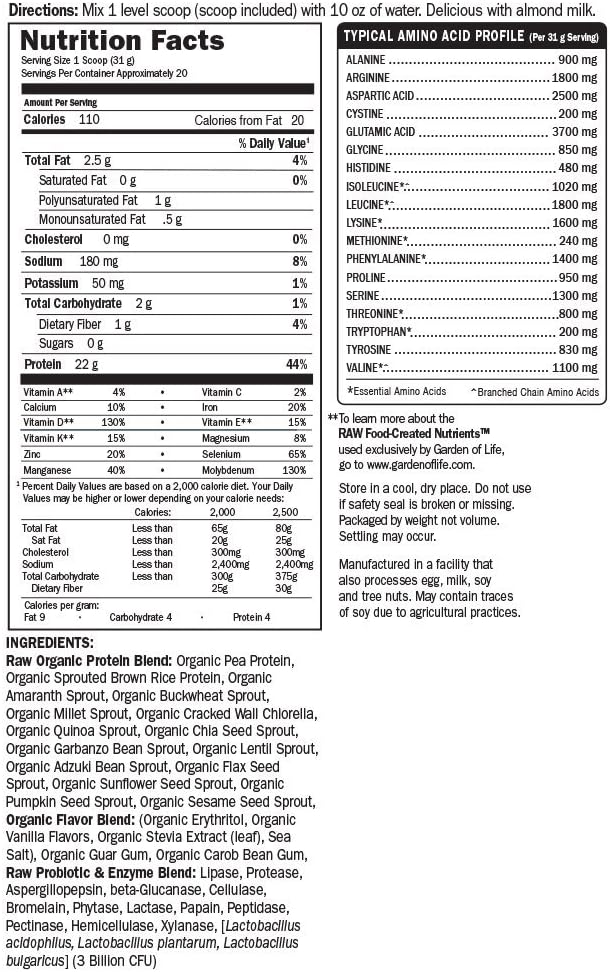 Certified Vegan Vanilla Protein Powder with Probiotics & Enzymes - Organic, Non-GMO, Plant Based, Gluten Free Shake with 22g Protein & 4g BCAAs (20 Servings)