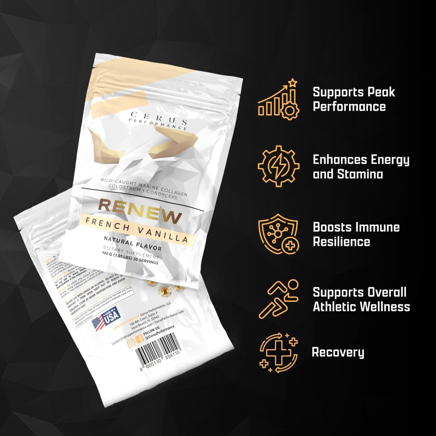 Cerus Performance Renew Premium Athletic Blend - Improve Performance, Accelerate Recovery, Enhance Joint Health & Stamina - Perfect for Athletes & Strength Trainers, 30 Servings