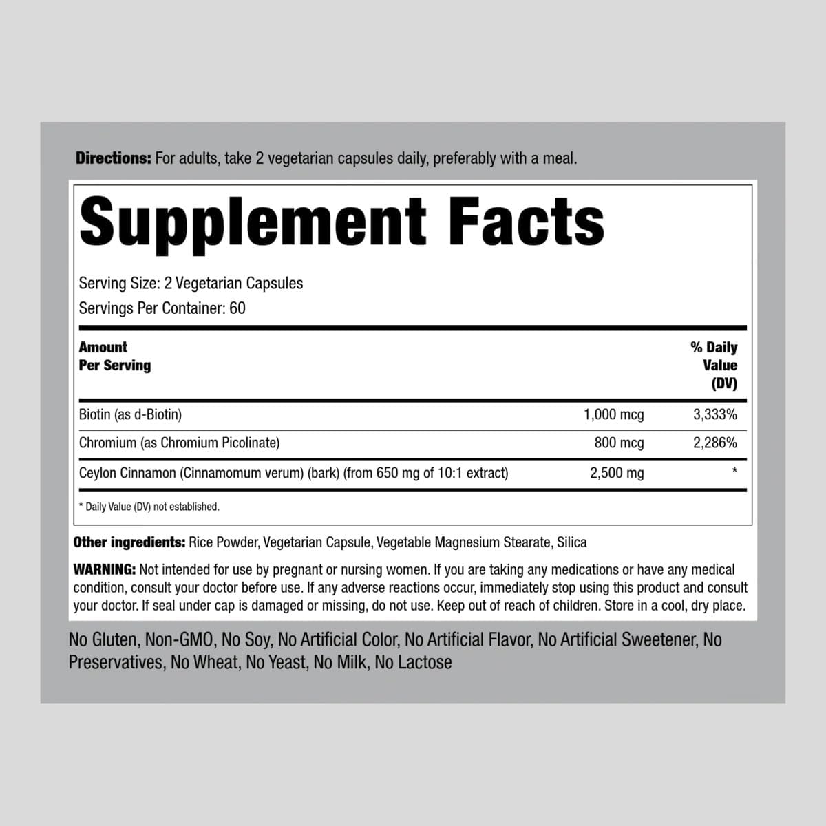 Ceylon Cinnamon Capsules 2500mg with Chromium & Biotin - 120 Pills, Vegetarian, Non-GMO, Gluten Free