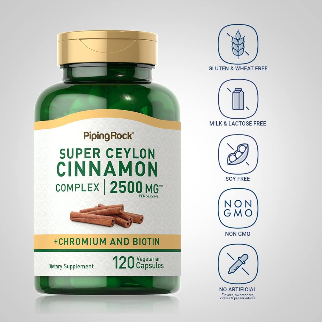 Ceylon Cinnamon Capsules 2500mg with Chromium & Biotin - 120 Pills, Vegetarian, Non-GMO, Gluten Free