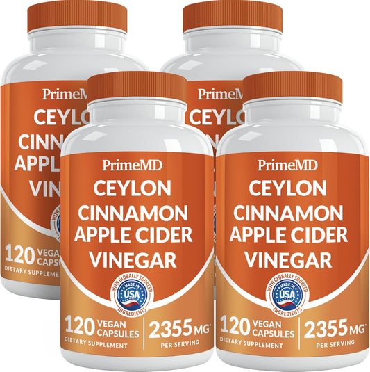 Ceylon Cinnamon Capsules with Apple Cider Vinegar, Turmeric, and Ginseng - 5-in-1 Supplement with Bioperine - 120ct x 4 Pack
