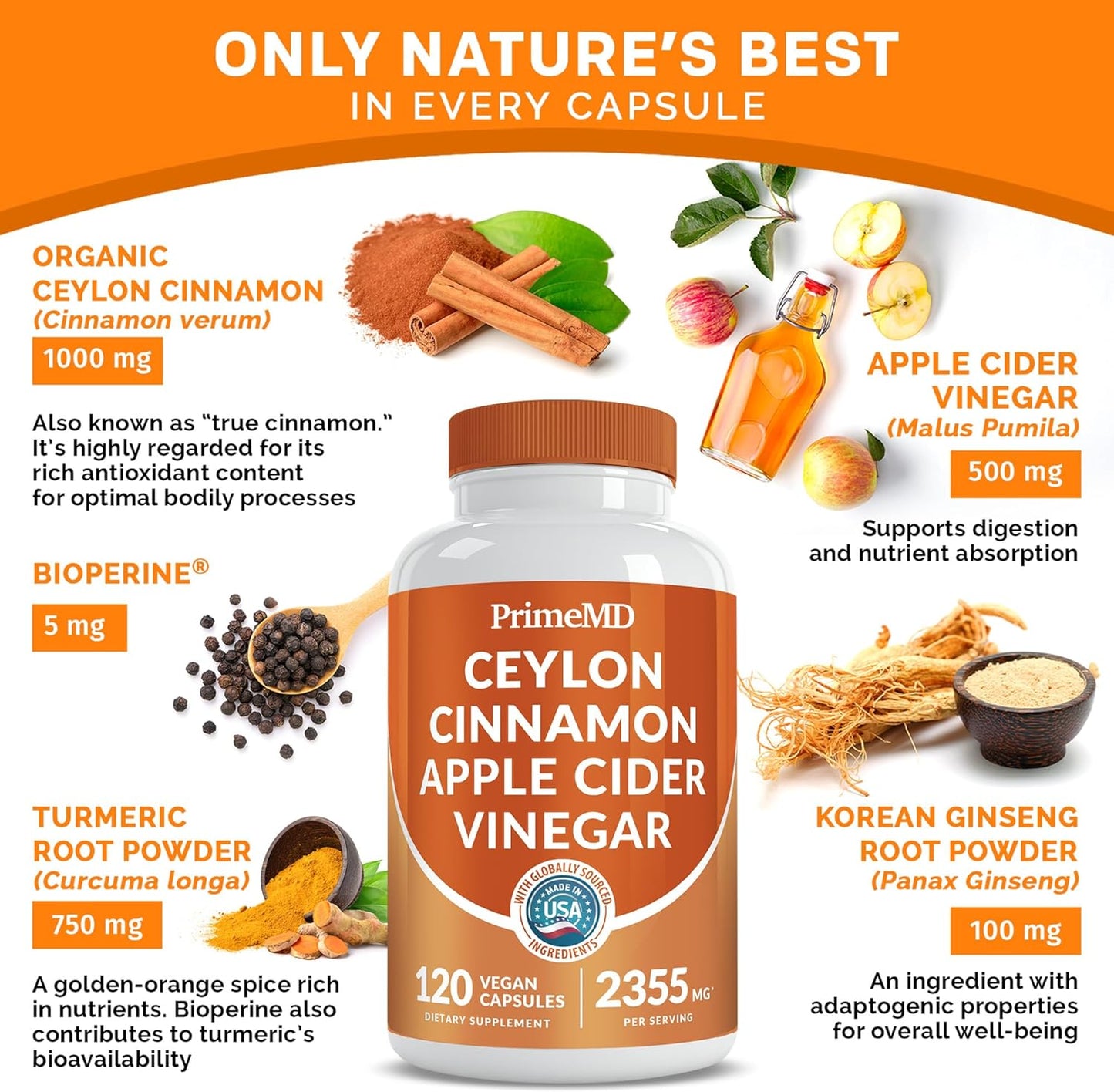 Ceylon Cinnamon Capsules with Apple Cider Vinegar, Turmeric, and Ginseng - 5-in-1 Supplement with Bioperine - 120ct x 4 Pack