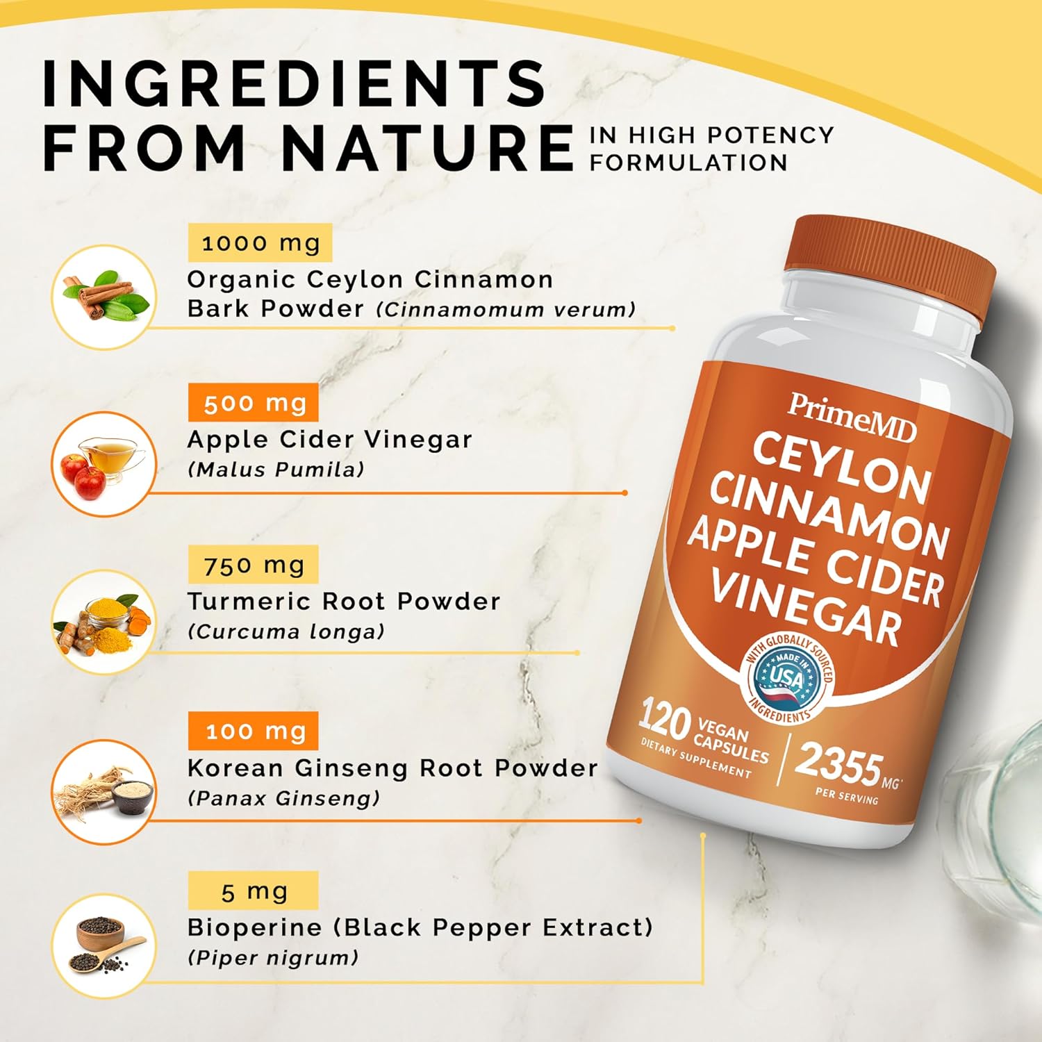 Ceylon Cinnamon Capsules with Apple Cider Vinegar, Turmeric, and Ginseng - 5-in-1 Supplement with Bioperine - 120ct x 4 Pack