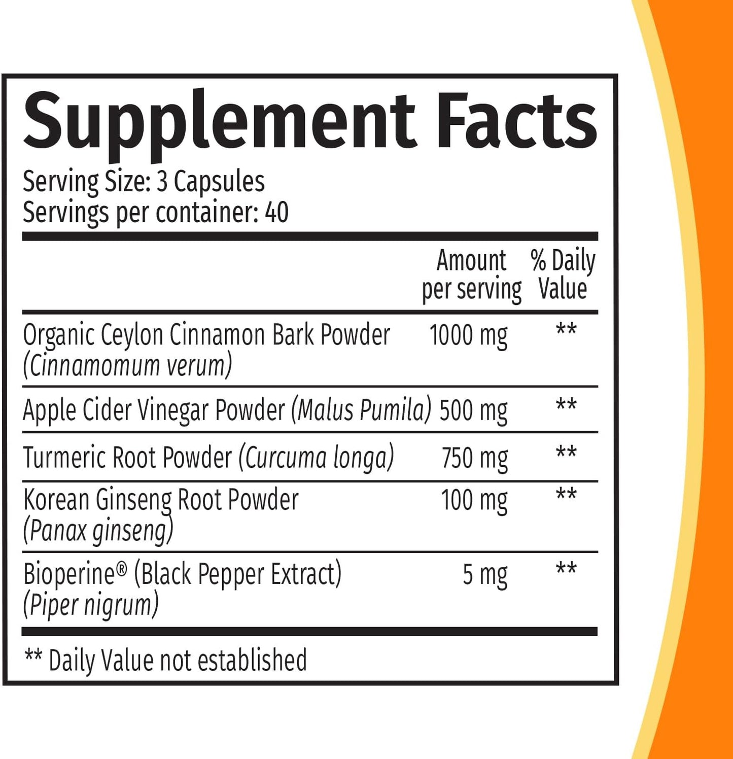 Ceylon Cinnamon Capsules with Apple Cider Vinegar, Turmeric, and Ginseng - 5-in-1 Supplement with Bioperine - 120ct x 4 Pack