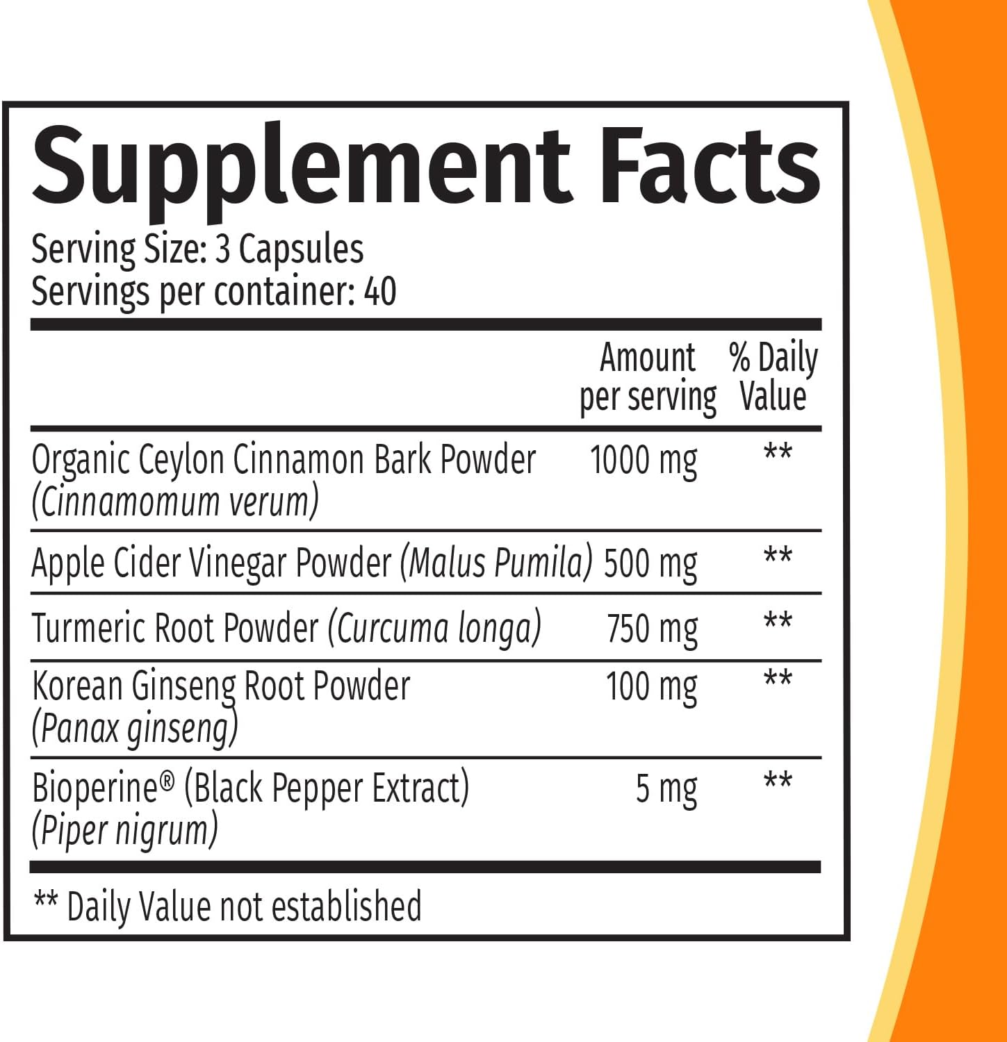 Ceylon Cinnamon Capsules with Apple Cider Vinegar, Turmeric, and Ginseng - 5-in-1 Supplement with Bioperine - 120ct x 4 Pack