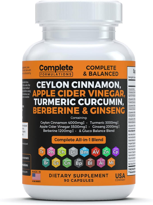 Ceylon Cinnamon Capsules with Berberine, Apple Cider Vinegar, Turmeric, Ginseng, Zinc, Milk Thistle, Bitter Melon, Fenugreek & More - 4000mg
