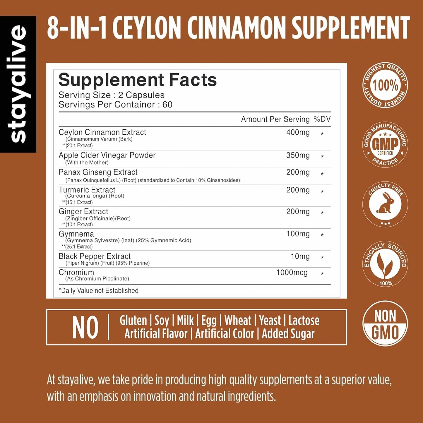 Ceylon Cinnamon Capsules with Turmeric, Ginger, Apple Cider Vinegar, Ginseng, Gymnema, and Chromium - 120 Pills, Non-GMO & Gluten-Free Supplement