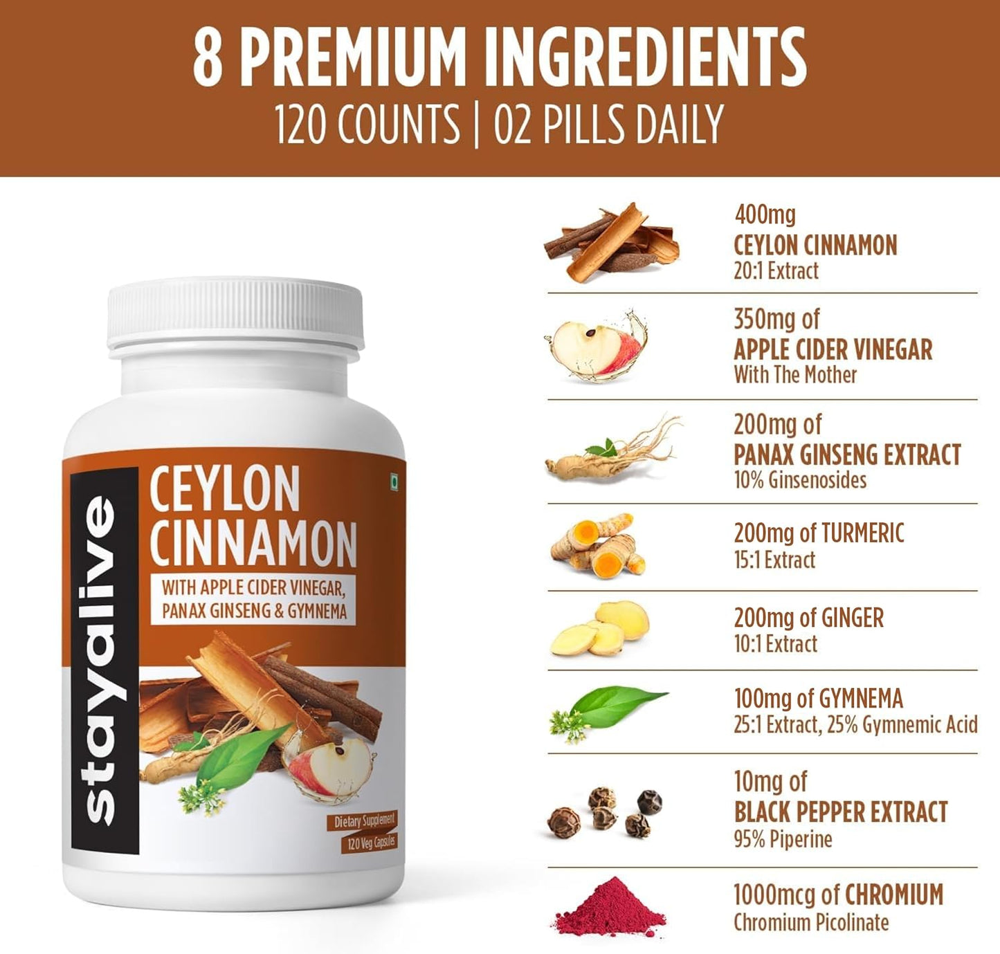 Ceylon Cinnamon Capsules with Turmeric, Ginger, Apple Cider Vinegar, Ginseng, Gymnema, and Chromium - 120 Pills, Non-GMO & Gluten-Free Supplement