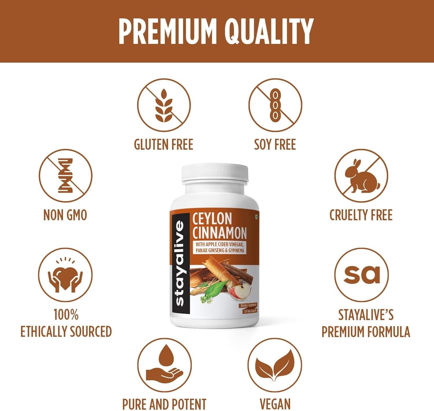 Ceylon Cinnamon Capsules with Turmeric, Ginger, Apple Cider Vinegar, Ginseng, Gymnema, and Chromium - 120 Pills, Non-GMO & Gluten-Free Supplement
