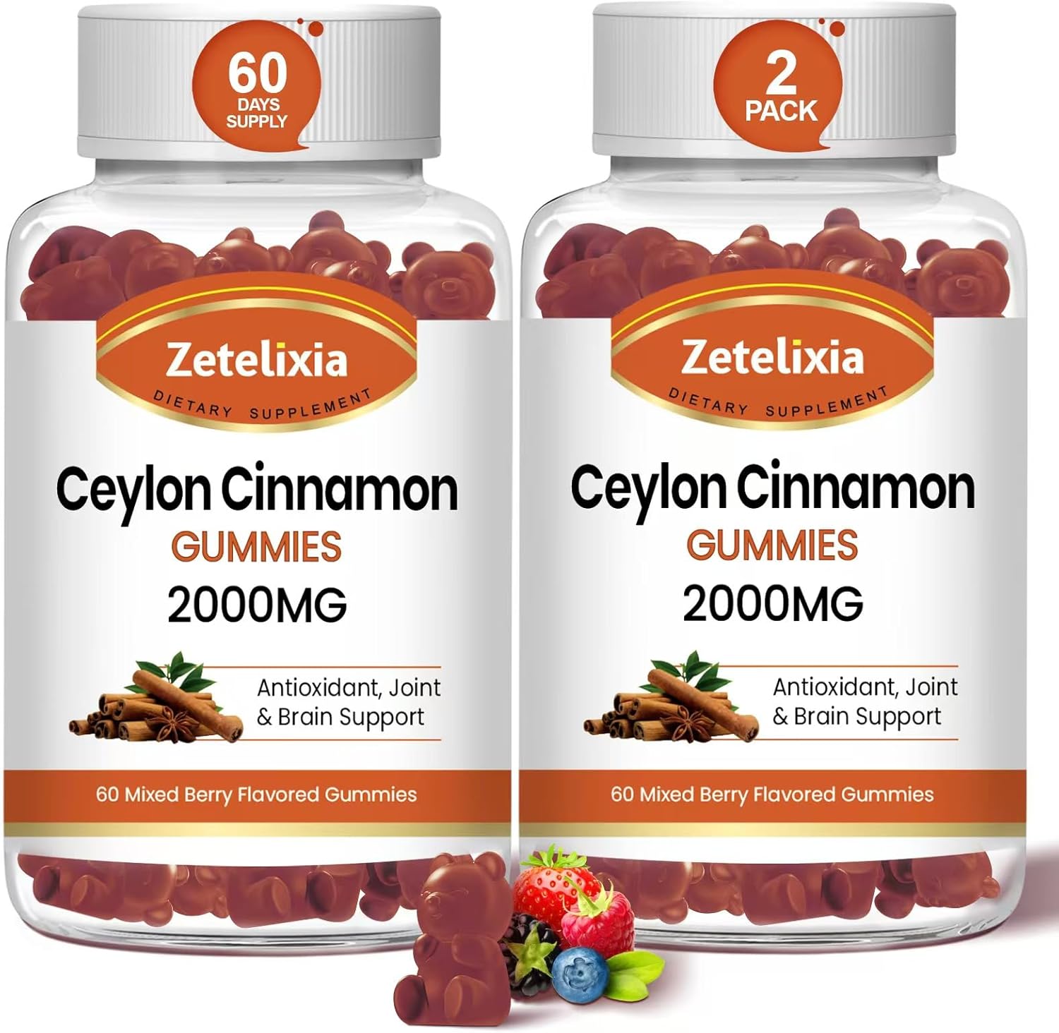Ceylon Cinnamon Gummies 2000mg with Chromium & Cinnamon Bark - Sugar Free Supplement for Joint, Immune System, Brain, Bone Health - Vegan, Non-GMO, Gluten-Free - 2 Pack, 120 Ct