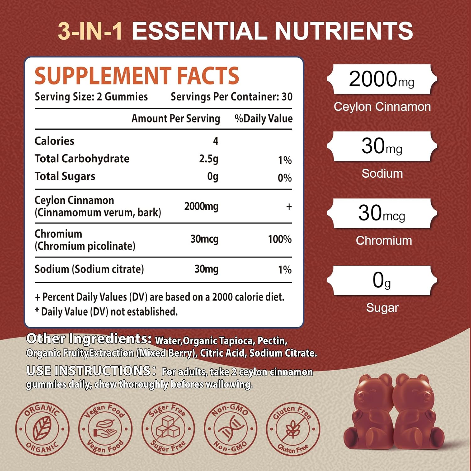 Ceylon Cinnamon Gummies 2000mg with Chromium & Cinnamon Bark - Sugar Free Supplement for Joint, Immune System, Brain, Bone Health - Vegan, Non-GMO, Gluten-Free - 2 Pack, 120 Ct