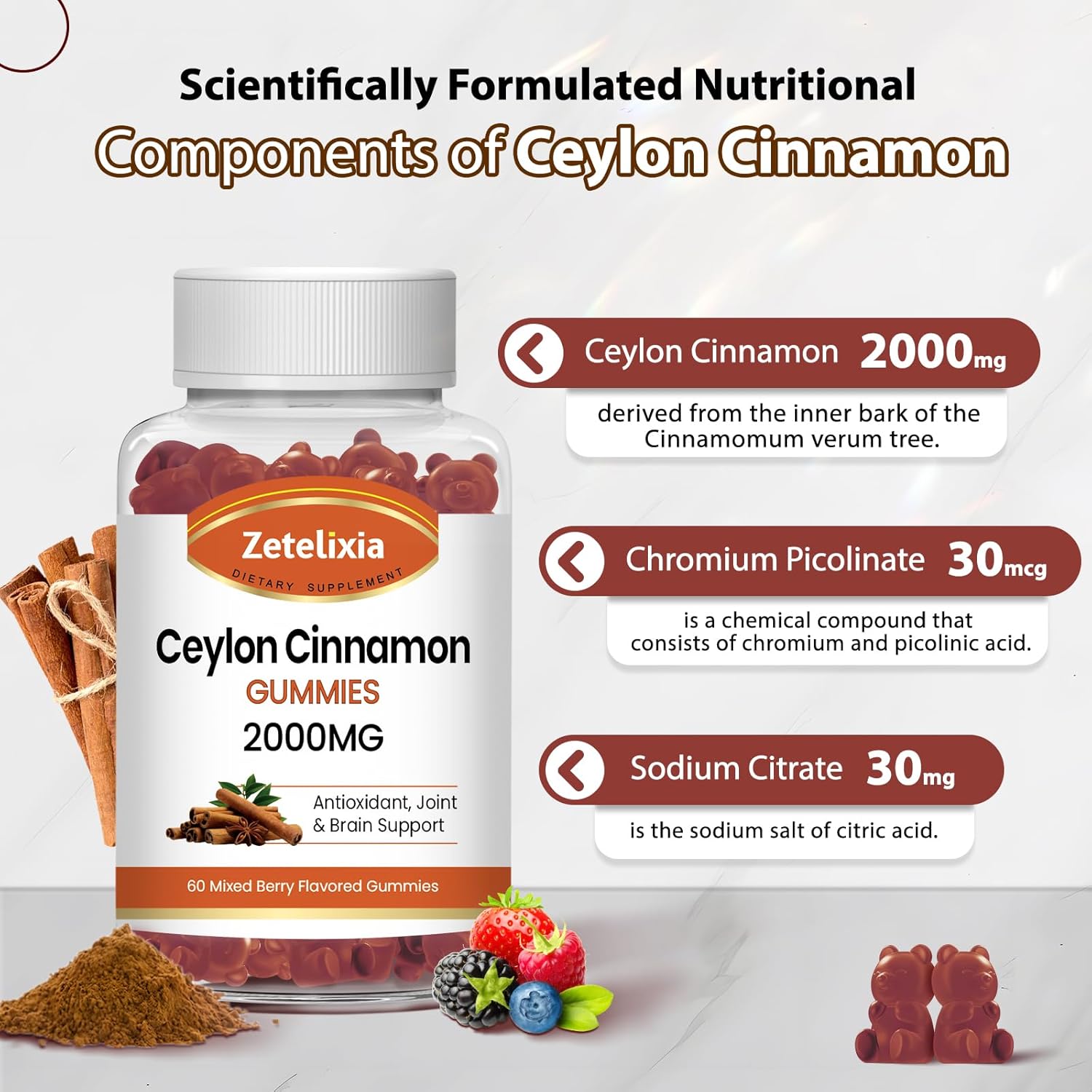 Ceylon Cinnamon Gummies 2000mg with Chromium & Cinnamon Bark - Sugar Free Supplement for Joint, Immune System, Brain, Bone Health - Vegan, Non-GMO, Gluten-Free - 2 Pack, 120 Ct