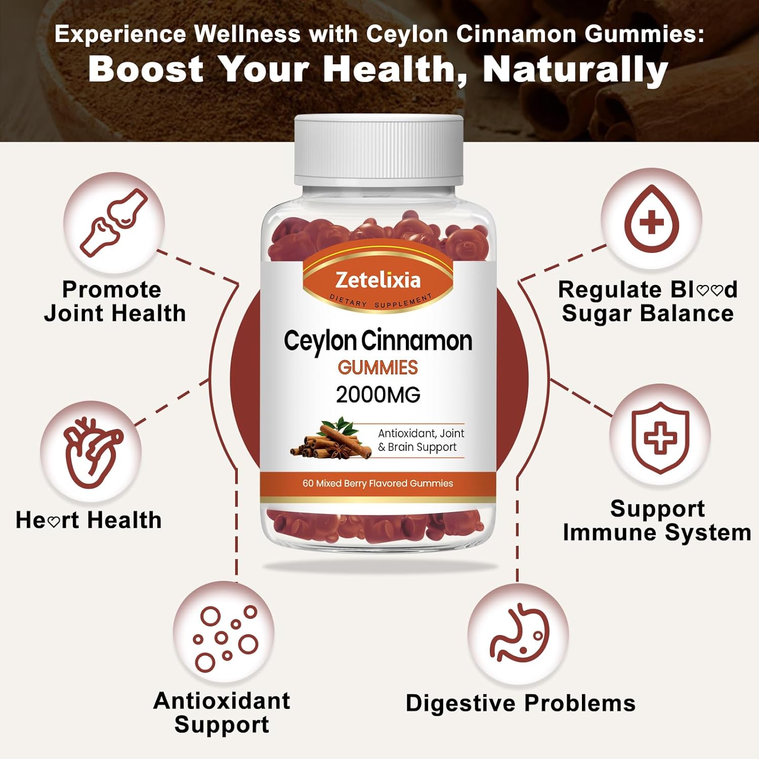 Ceylon Cinnamon Gummies 2000mg with Chromium & Cinnamon Bark - Sugar Free Supplement for Joint, Immune System, Brain, Bone Health - Vegan, Non-GMO, Gluten-Free - 2 Pack, 120 Ct