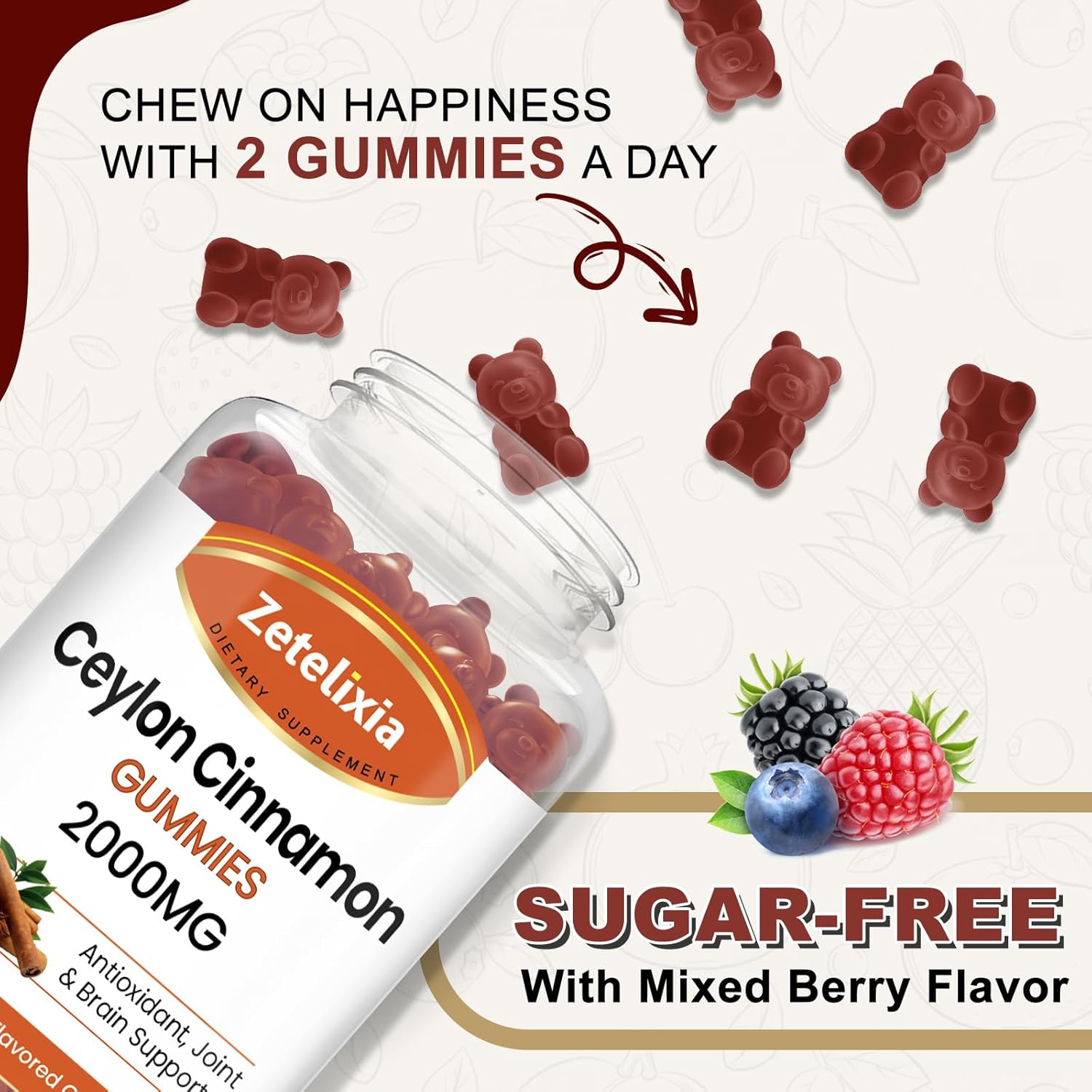Ceylon Cinnamon Gummies 2000mg with Chromium & Cinnamon Bark - Sugar Free Supplement for Joint, Immune System, Brain, Bone Health - Vegan, Non-GMO, Gluten-Free - 2 Pack, 120 Ct