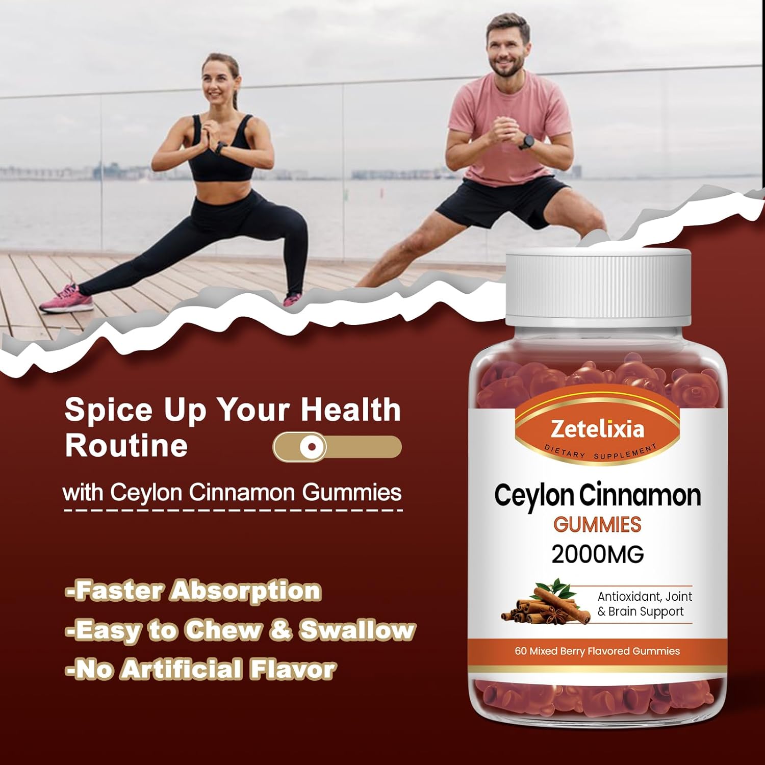 Ceylon Cinnamon Gummies 2000mg with Chromium & Cinnamon Bark - Sugar Free Supplement for Joint, Immune System, Brain, Bone Health - Vegan, Non-GMO, Gluten-Free - 2 Pack, 120 Ct