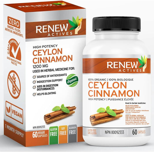 Ceylon Cinnamon Supplement Capsules for Digestive Health & Appetite Control - Herbal Remedy for Bloating - 60 Veg Capsules