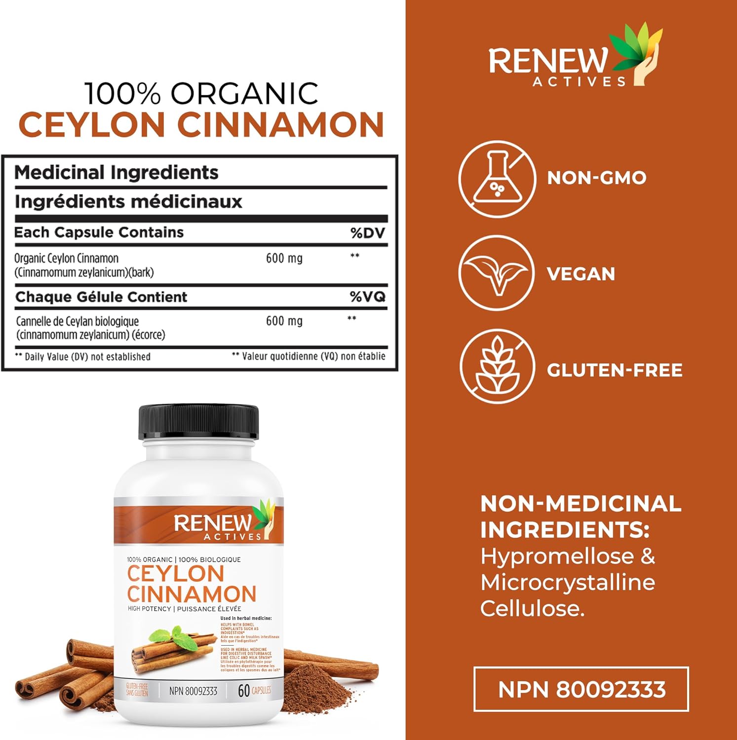 Ceylon Cinnamon Supplement Capsules for Digestive Health & Appetite Control - Herbal Remedy for Bloating - 60 Veg Capsules