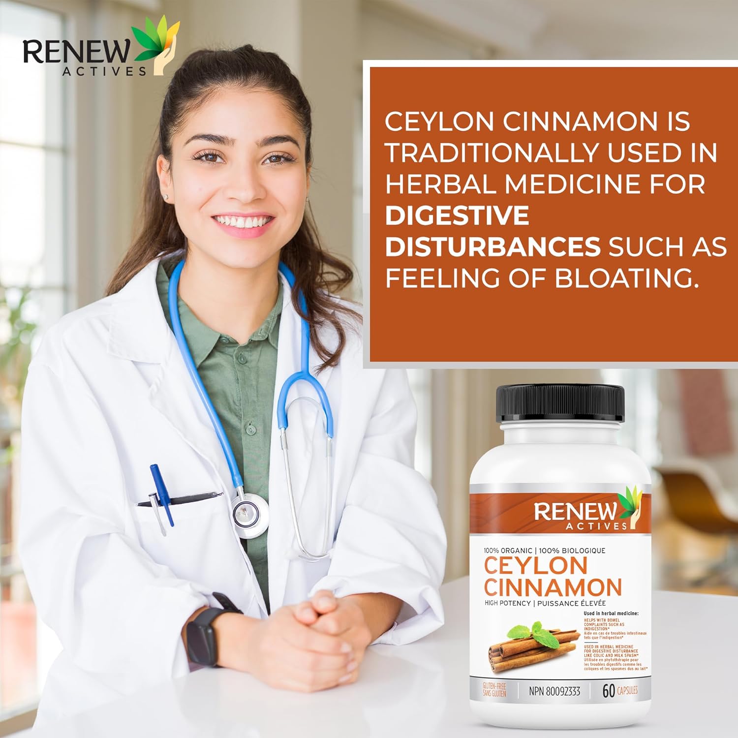 Ceylon Cinnamon Supplement Capsules for Digestive Health & Appetite Control - Herbal Remedy for Bloating - 60 Veg Capsules