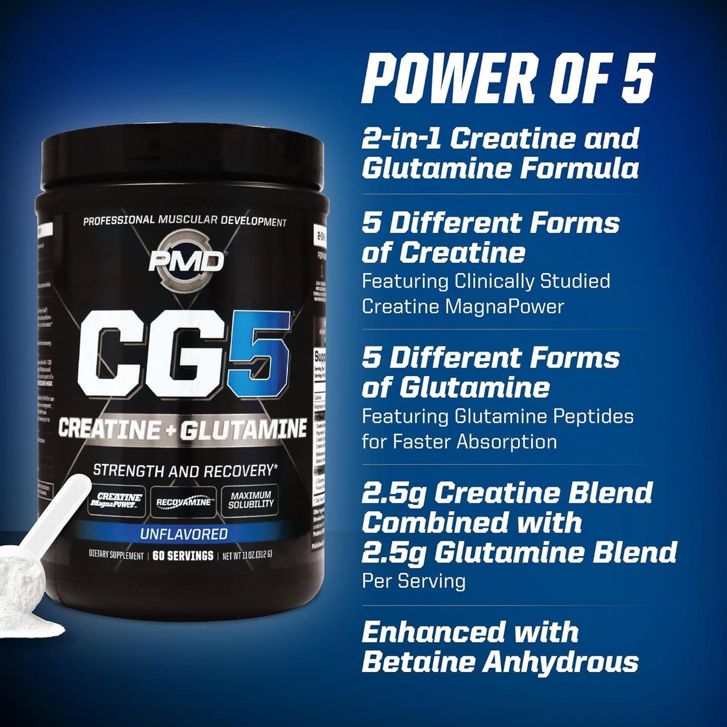 CG5 Premium Creatine & L Glutamine Powder for Lean Muscle & Workout Performance, Unflavored - 60 Servings