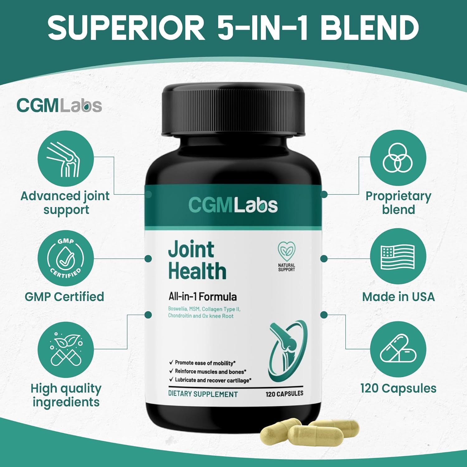 CGM Labs Joint Health Supplement with Turmeric, Boswellia, Chondroitin, Achyranthes Bidentata, MSM - 180 Softgels