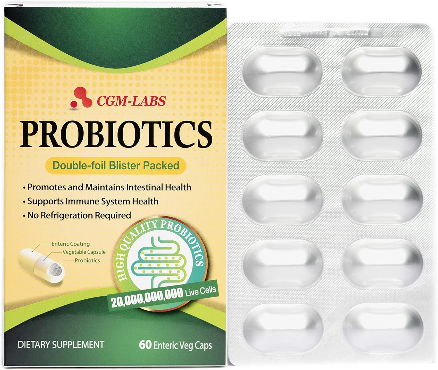 CGMLABS Probiotics 20 Billion Live Cells Enteric Coated Veg Capsules for Men and Women - 60 Caps by CGM Labs