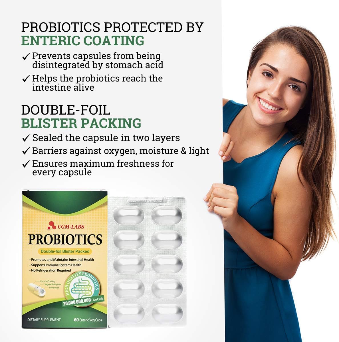 CGMLABS Probiotics 20 Billion Live Cells Enteric Coated Veg Capsules for Men and Women - 60 Caps by CGM Labs