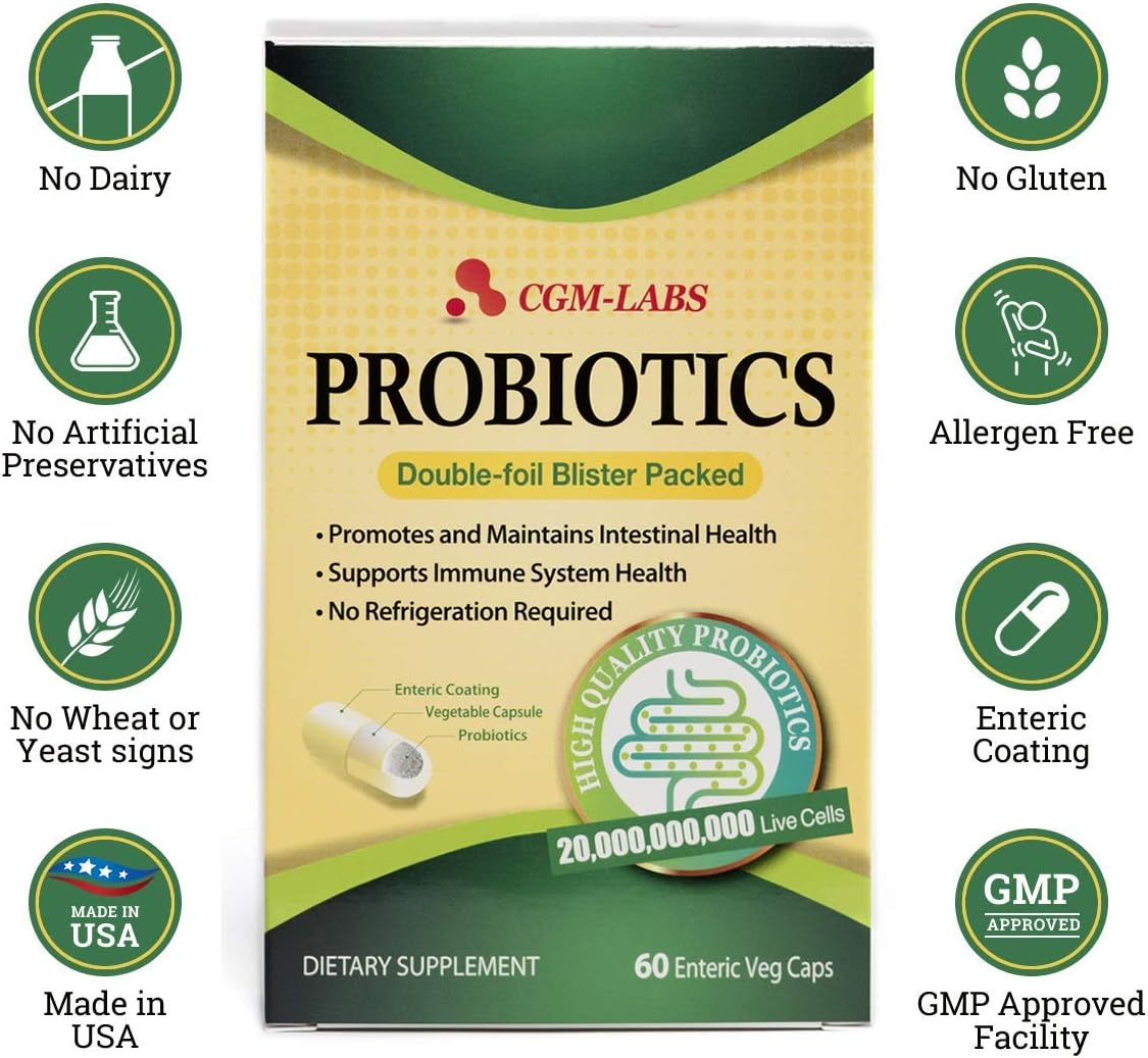 CGMLABS Probiotics 20 Billion Live Cells Enteric Coated Veg Capsules for Men and Women - 60 Caps by CGM Labs