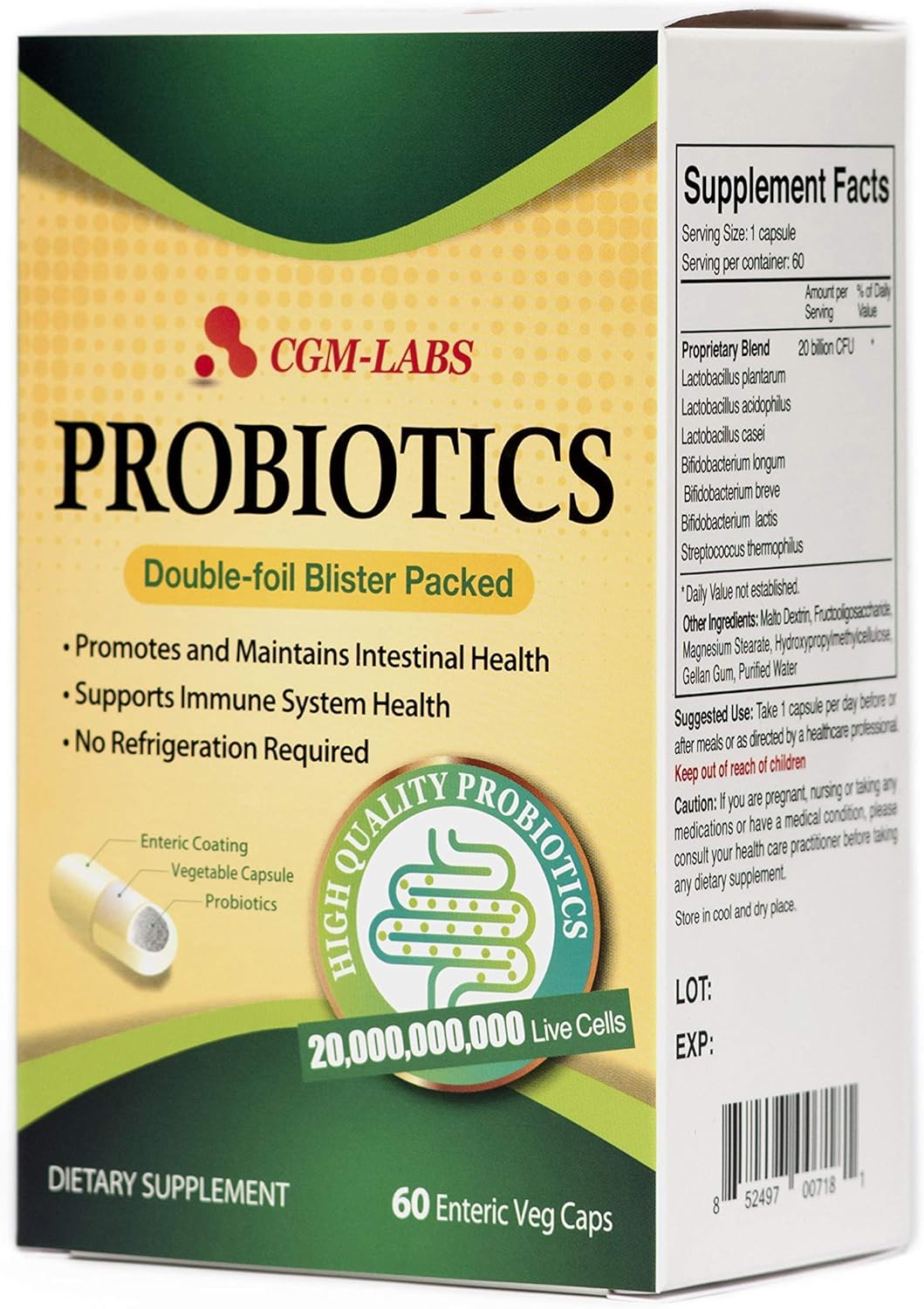 CGMLABS Probiotics 20 Billion Live Cells Enteric Coated Veg Capsules for Men and Women - 60 Caps by CGM Labs