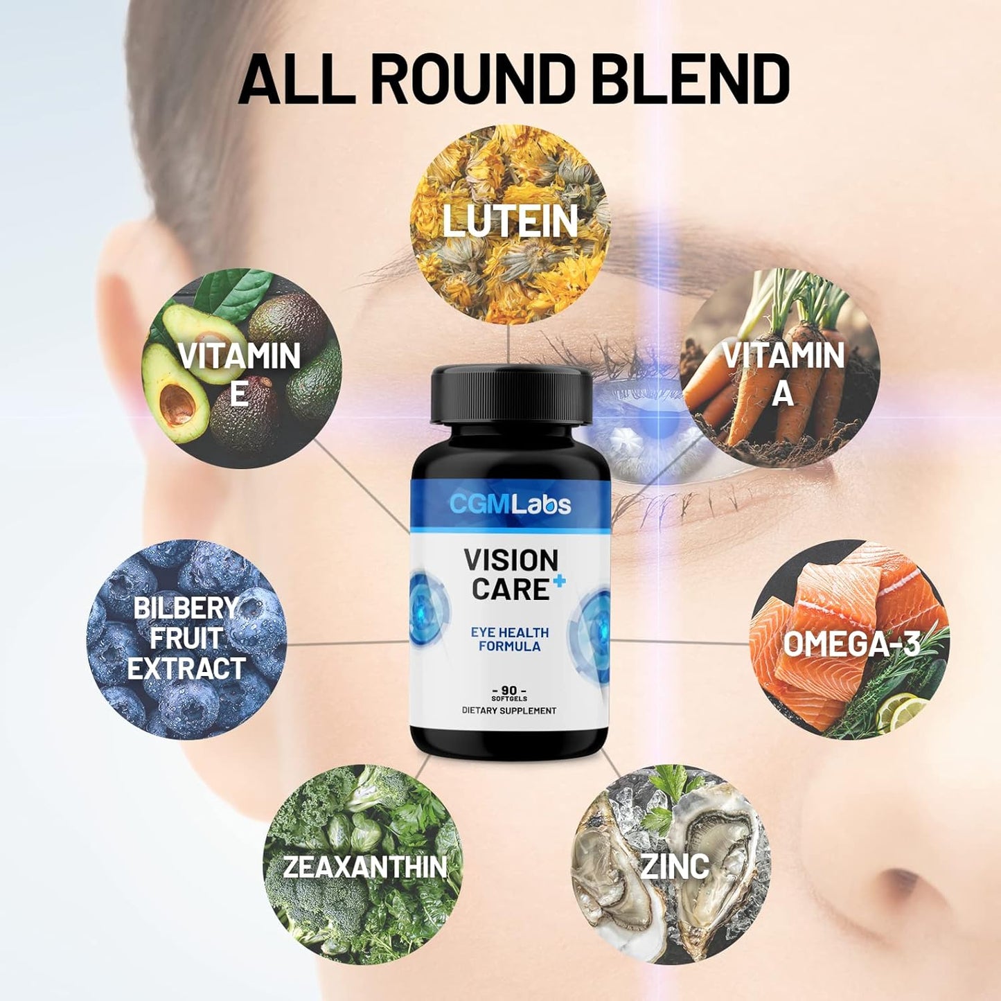 CGMLABS Vision Care Plus - Vision Support Supplement with Lutein, Zeaxanthin, Vitamin A, Bilberry - 90 Softgels