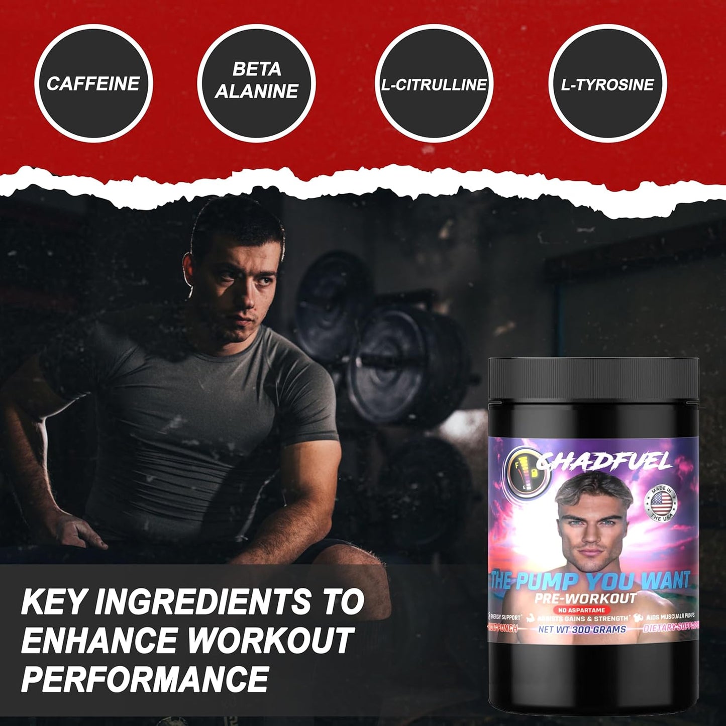 Chadfuel Fruit Punch Pre-Workout Powder 300g for Men & Women - Energy, Strength, Endurance - Caffeine, L-Citrulline, Beta-Alanine, L-Tyrosine - 30 Servings