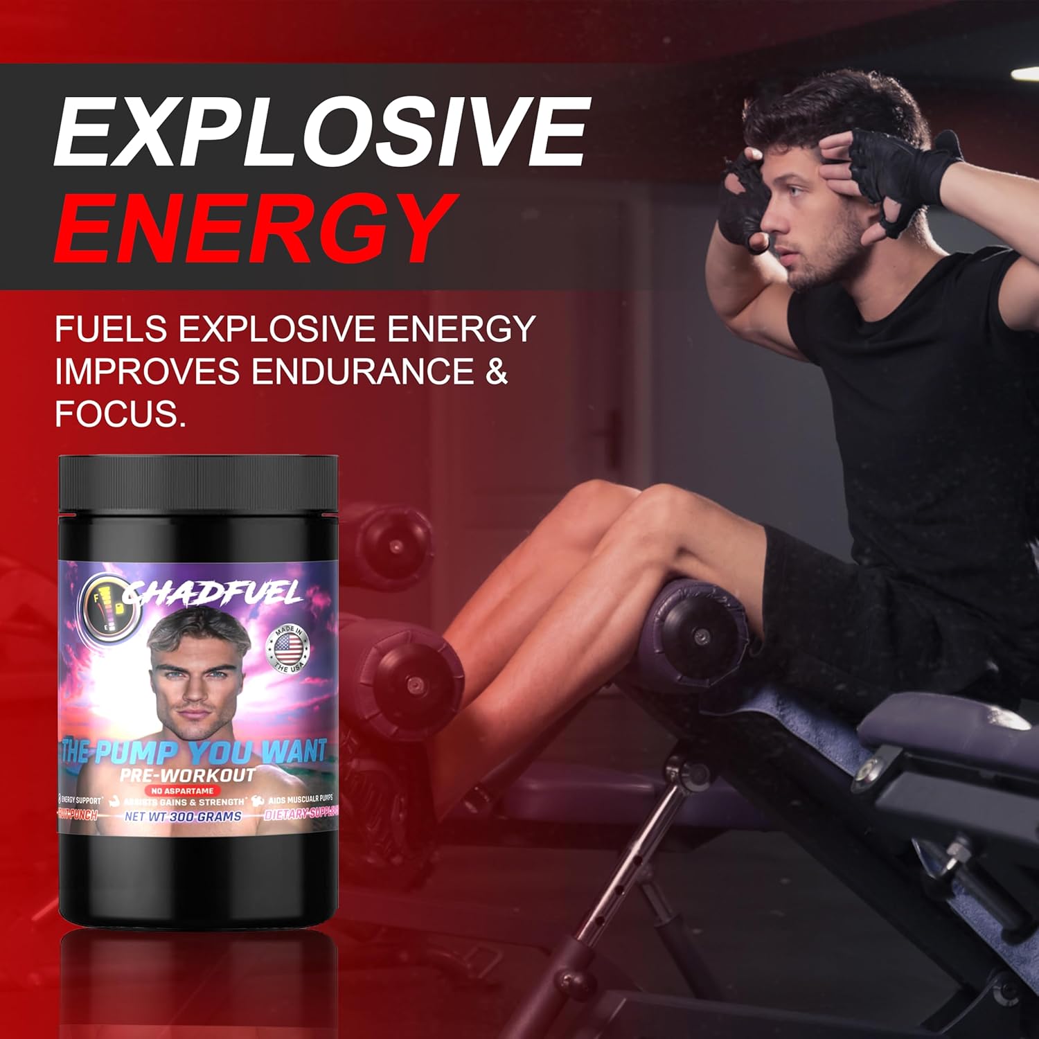 Chadfuel Fruit Punch Pre-Workout Powder 300g for Men & Women - Energy, Strength, Endurance - Caffeine, L-Citrulline, Beta-Alanine, L-Tyrosine - 30 Servings