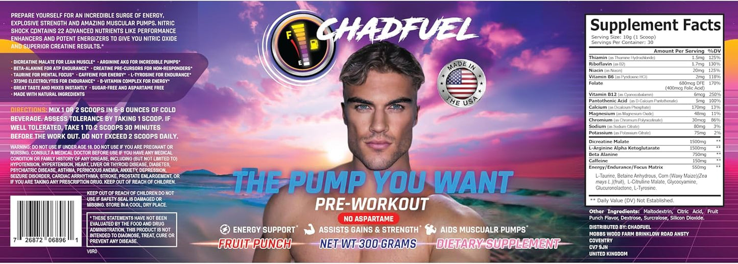 Chadfuel Fruit Punch Pre-Workout Powder 300g for Men & Women - Energy, Strength, Endurance - Caffeine, L-Citrulline, Beta-Alanine, L-Tyrosine - 30 Servings