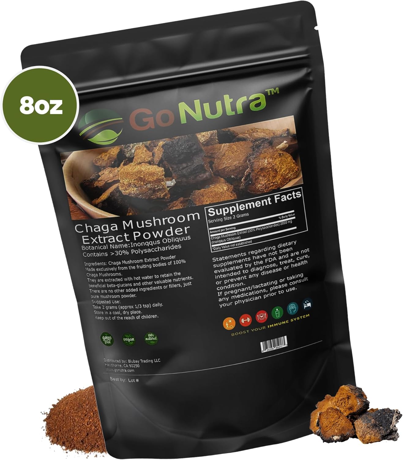 Chaga Mushroom Powder Extract 10:1 with 30% Polysaccharides - Superfood Supplement 8 oz.