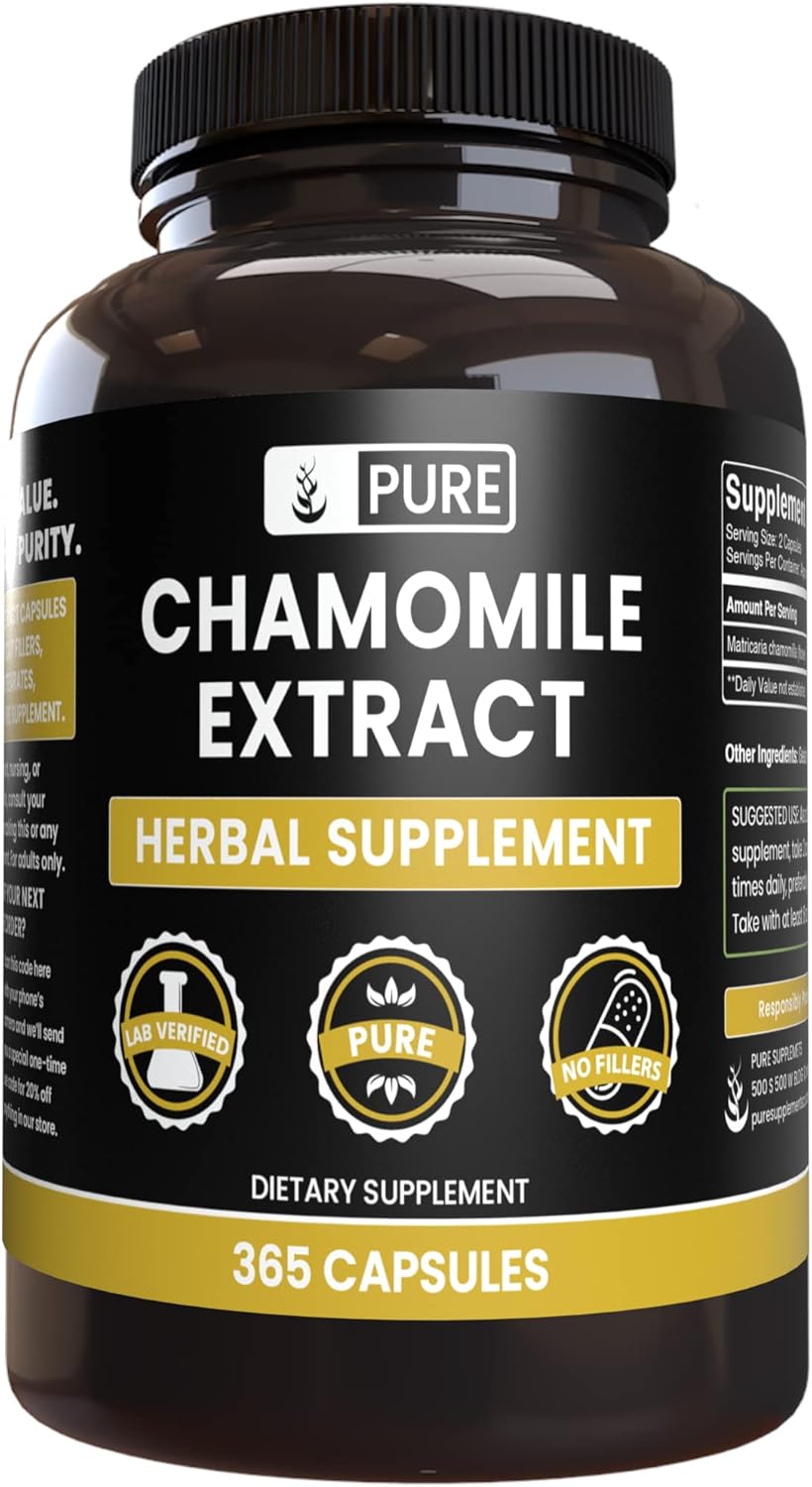 Chamomile Extract Capsules - 365 Count, Pure Ingredients, No Fillers, Lab Verified
