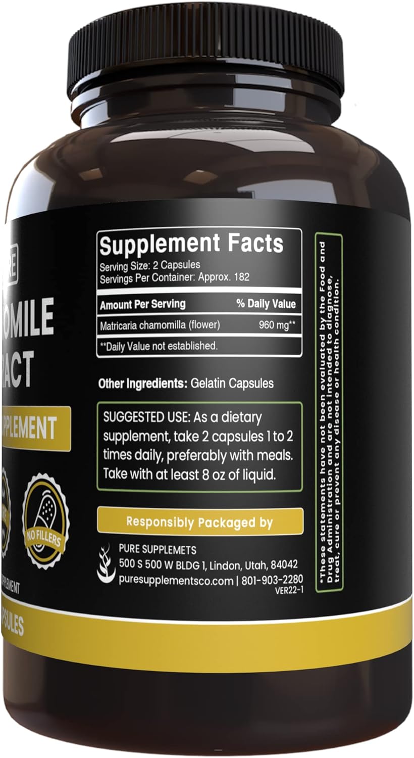 Chamomile Extract Capsules - 365 Count, Pure Ingredients, No Fillers, Lab Verified