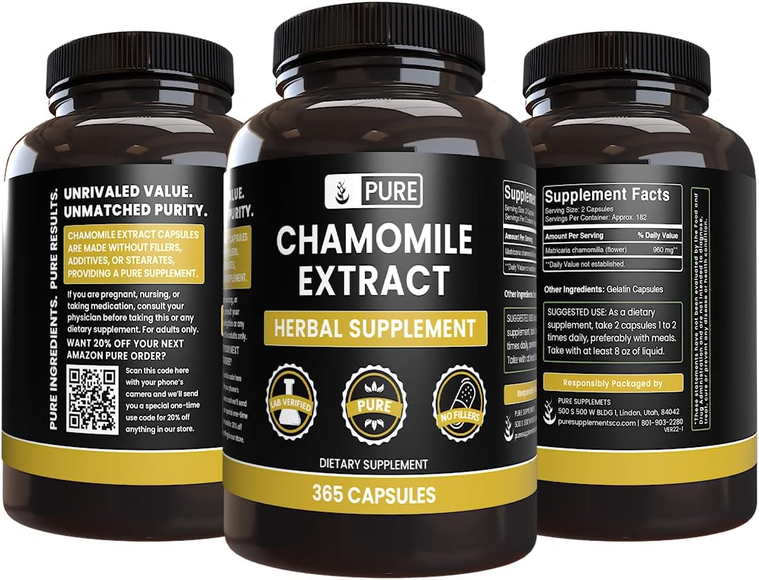 Chamomile Extract Capsules - 365 Count, Pure Ingredients, No Fillers, Lab Verified
