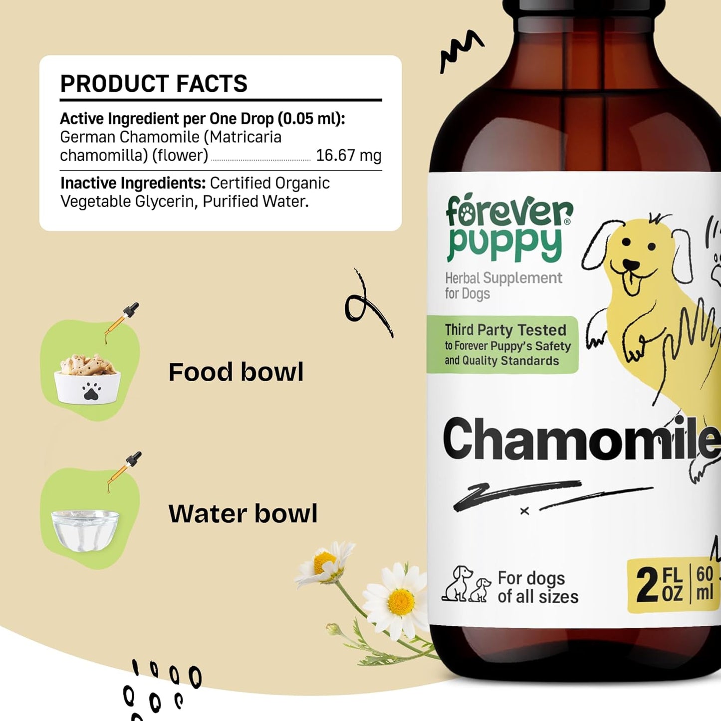 Chamomile Liquid Supplement for Dogs - Gas Relief & Digestive Health Support - 2 oz Bottle - All Breeds & Sizes