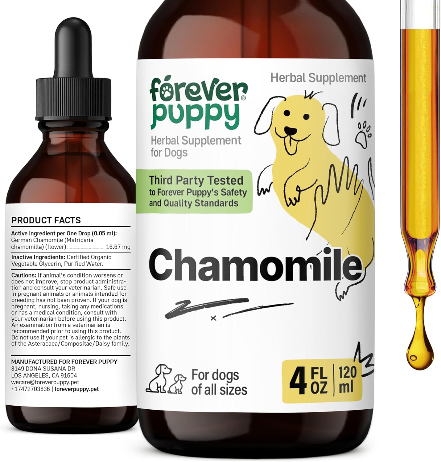 Chamomile Tincture for Dogs - Natural Gas Relief & Gut Cleanse - Digestive Health Supplement - 4 oz Bottle