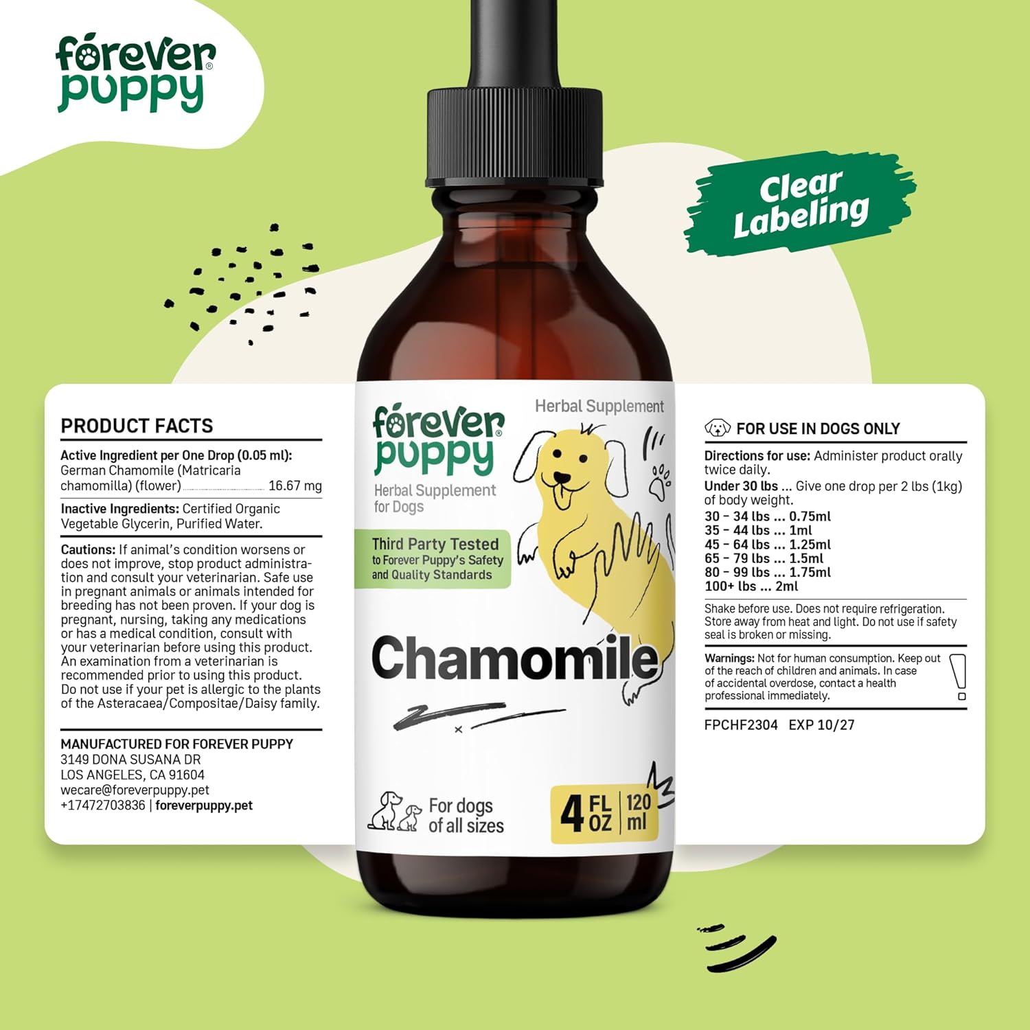 Chamomile Tincture for Dogs - Natural Gas Relief & Gut Cleanse - Digestive Health Supplement - 4 oz Bottle