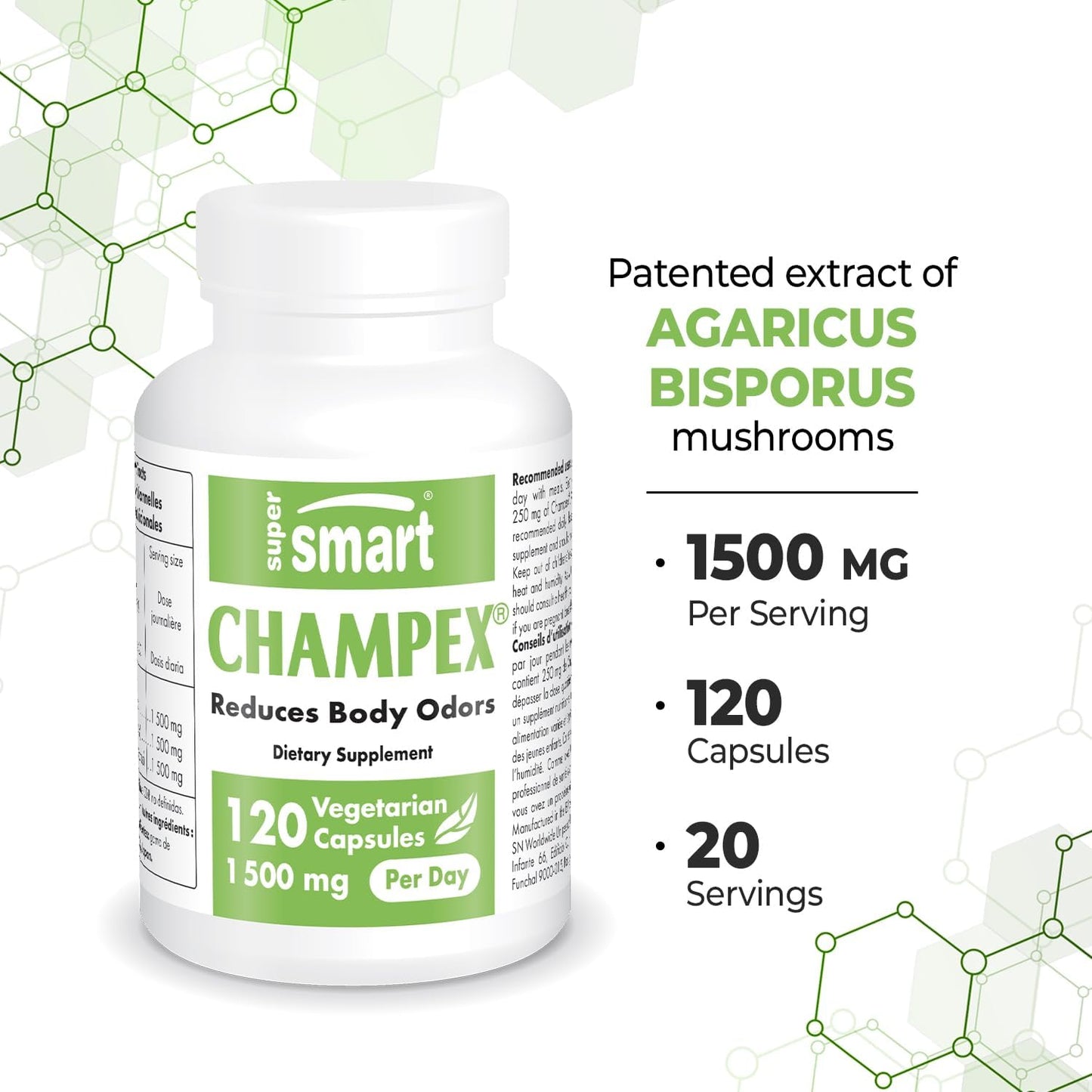 Champex Mushroom Extract Capsules - Internal Deodorizer Supplement for Body Odor & Bad Breath - Non-GMO, Gluten Free - 120 Vegetarian Capsules