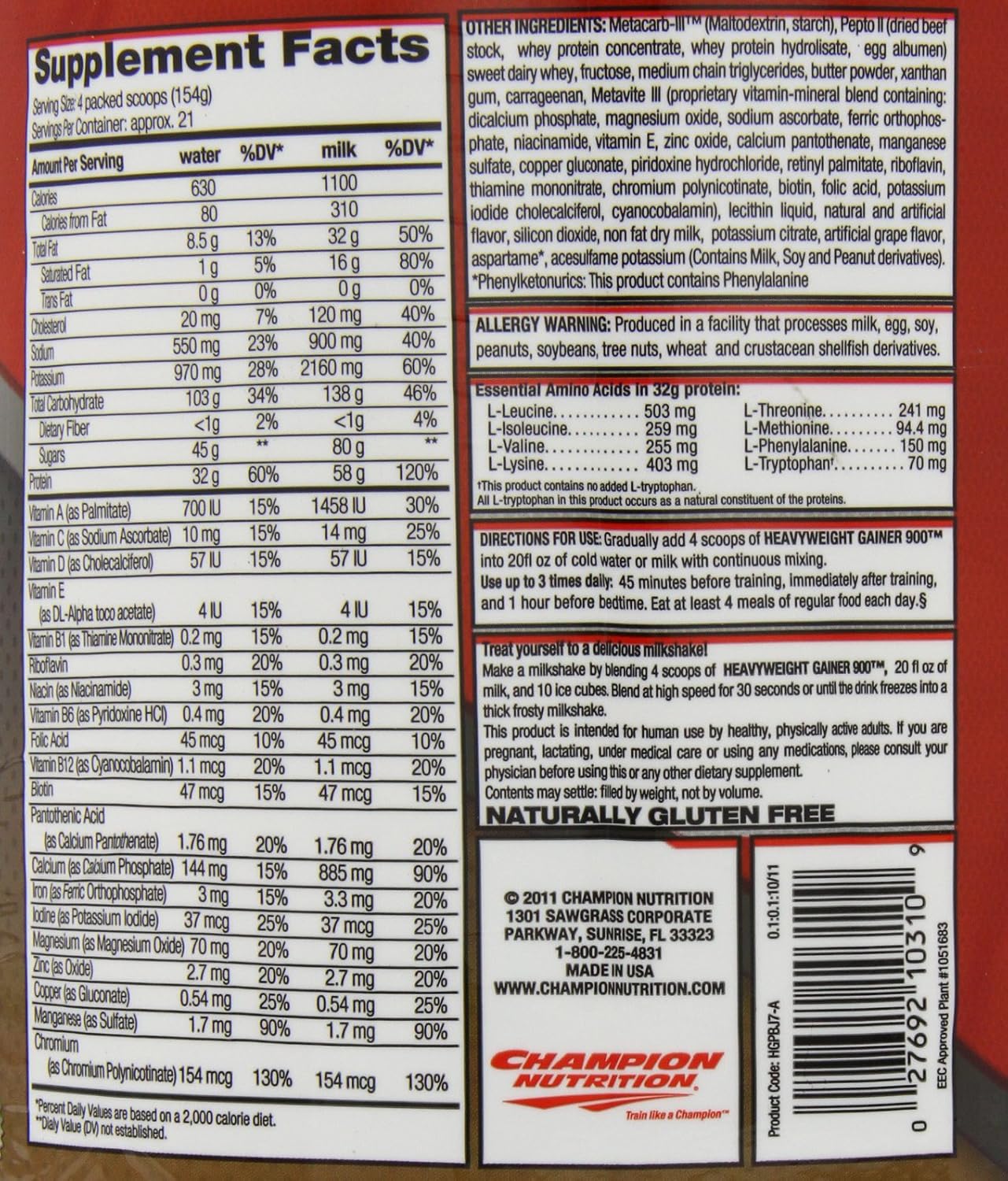Champion Nutrition HV Gainer 900 Peanut Plus Jelly - 7.15 lb Weight Gain Supplement