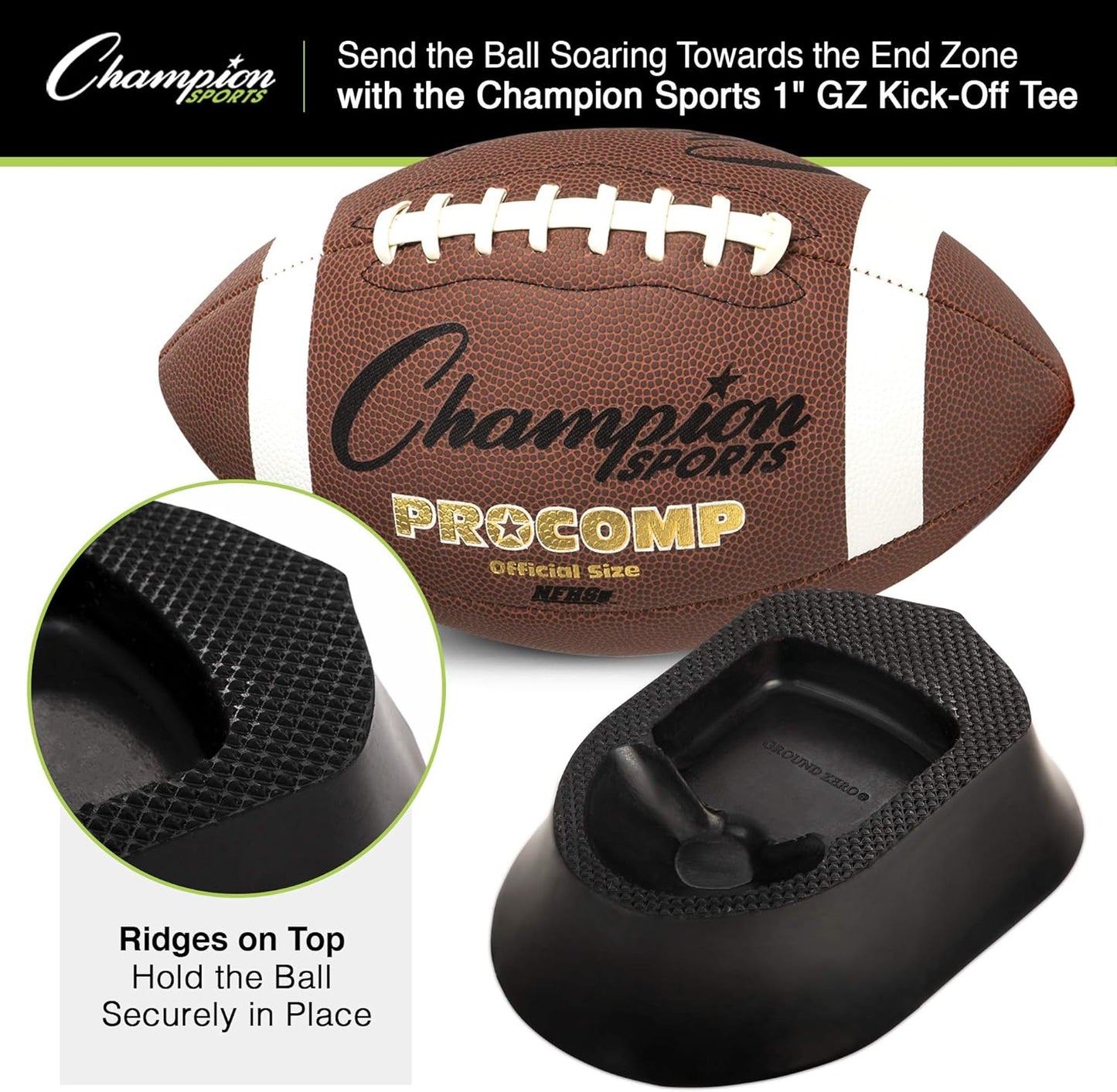 Champion Sports 1" Black Football Kicking Tee - Ball Holder for Kickoff Practice - Kicking Block for Adults, Kids, Coaches