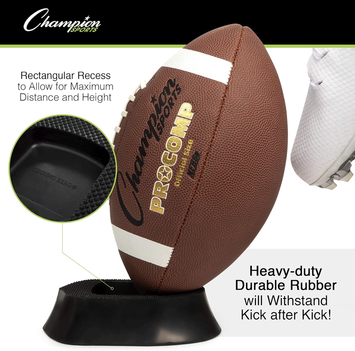 Champion Sports 1" Black Football Kicking Tee - Ball Holder for Kickoff Practice - Kicking Block for Adults, Kids, Coaches