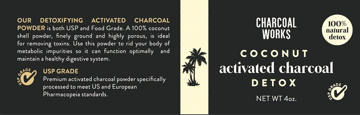 CHARCOAL WORKS Coconut Activated Charcoal Powder - USP Food Grade Detox Drink - High Adsorptive Capacity - Fast Acting 4oz